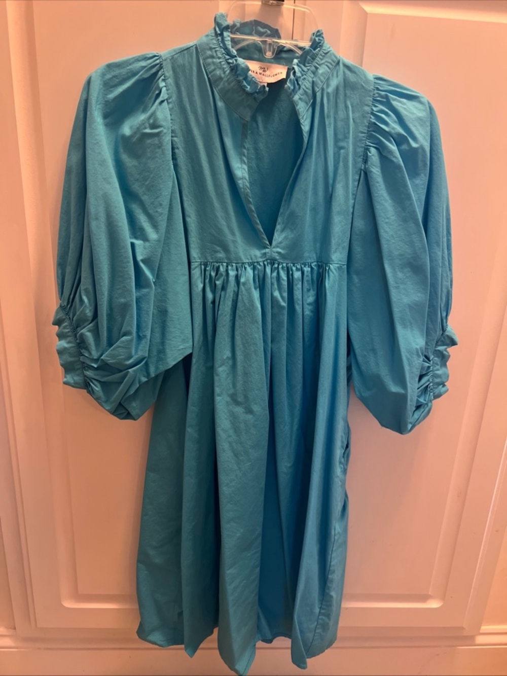 Never A Wallflower High Neck Turquoise Poplin Cotton Dress XS Puff Sleeves